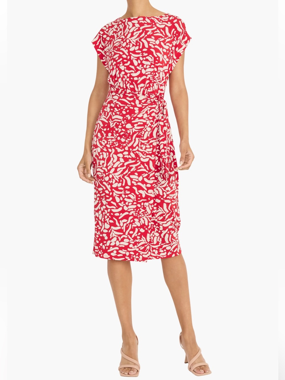 Maggie London NWT Red White Abstract Print Tie Waist Midi Dress Size 8